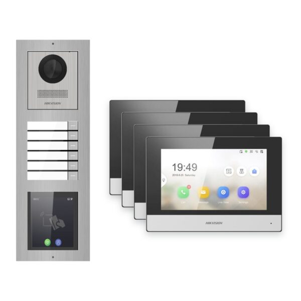 Hikvision 2-Draht-IP Video-Türsprechanlage 4-Familienhaus – Komplett-Set mit Touch-Display, Monitor schwarz – Türstation und Innenstation