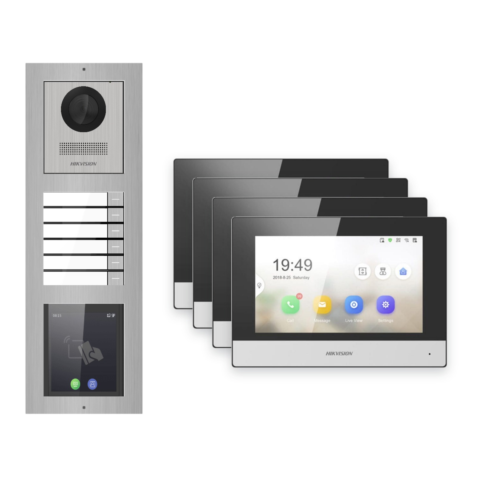 Hikvision 2-Draht-IP Video-Türsprechanlage 4-Familienhaus – Komplett-Set mit Touch-Display, Monitor schwarz – Türstation und Innenstation