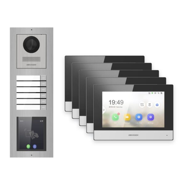 Hikvision 2-Draht-IP Video-Türsprechanlage 5-Familienhaus – Komplett-Set mit Touch-Display, Monitor schwarz – Türstation und Innenstation