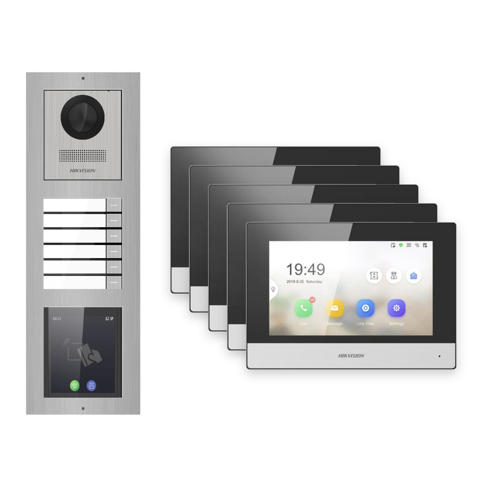 Hikvision 2-Draht-IP Video-Türsprechanlage 5-Familienhaus – Komplett-Set mit Touch-Display, Monitor schwarz – Türstation und Innenstation