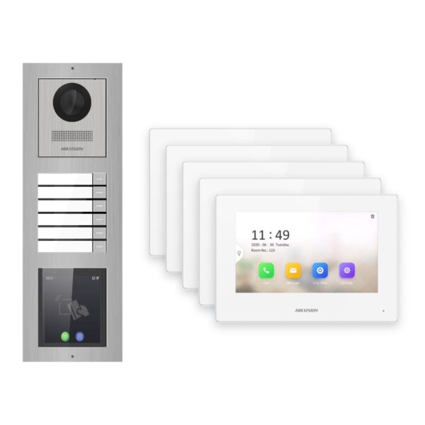 Hikvision 2-Draht-IP Video-Türsprechanlage 5-Familienhaus – Komplett-Set mit Touch-Display, Monitor weiss – Türstation und Innenstation