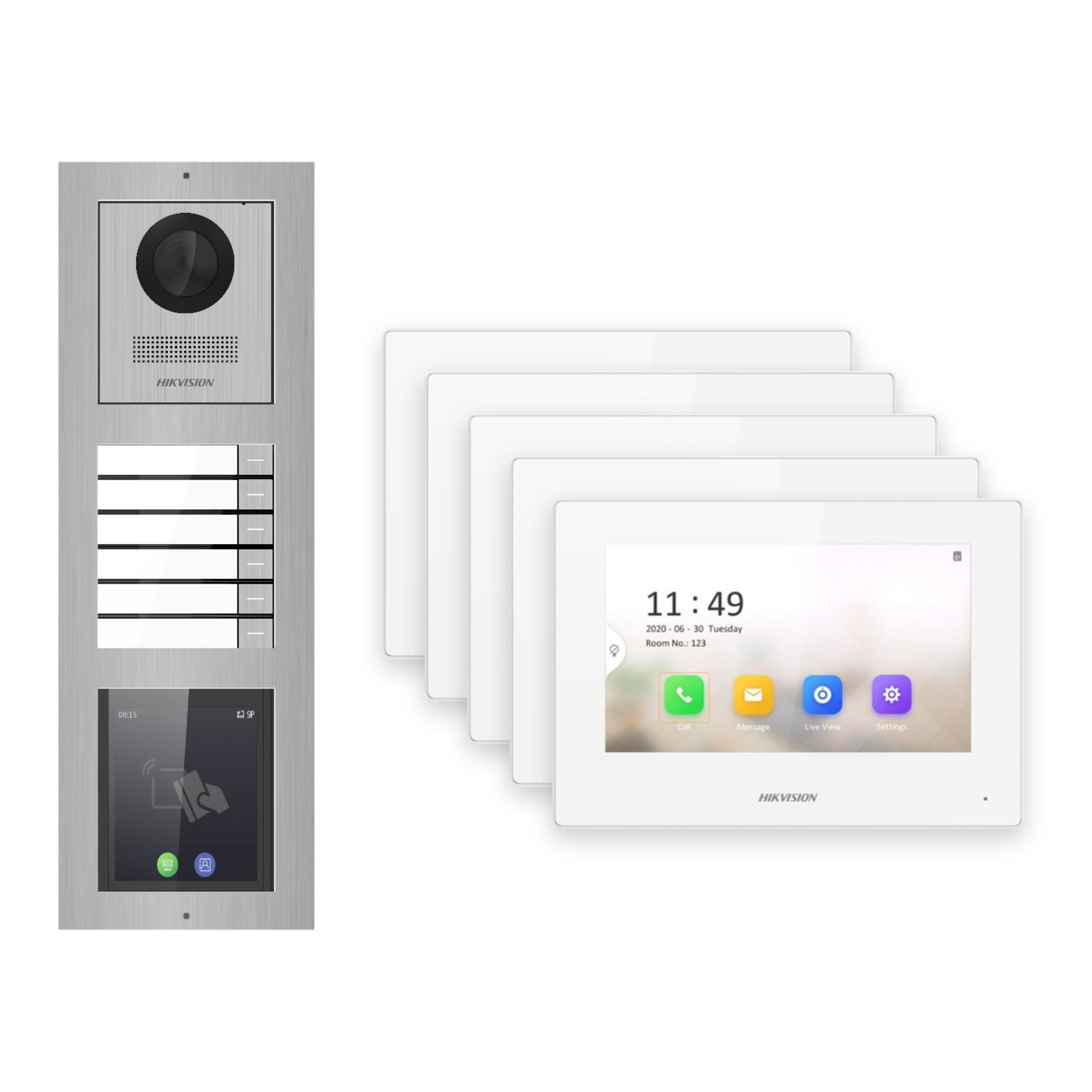 Hikvision 2-Draht-IP Video-Türsprechanlage 5-Familienhaus – Komplett-Set mit Touch-Display, Monitor weiss – Türstation und Innenstation