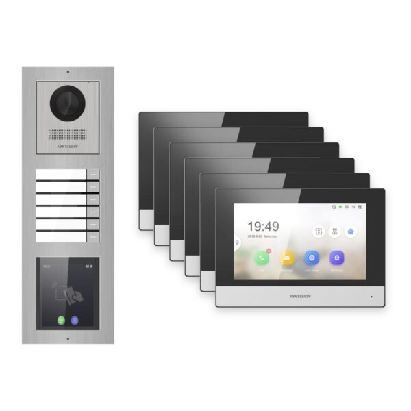 Hikvision 2-Draht-IP Video-Türsprechanlage 6-Familienhaus – Komplett-Set mit Touch-Display, Monitor schwarz – Türstation und Innenstation