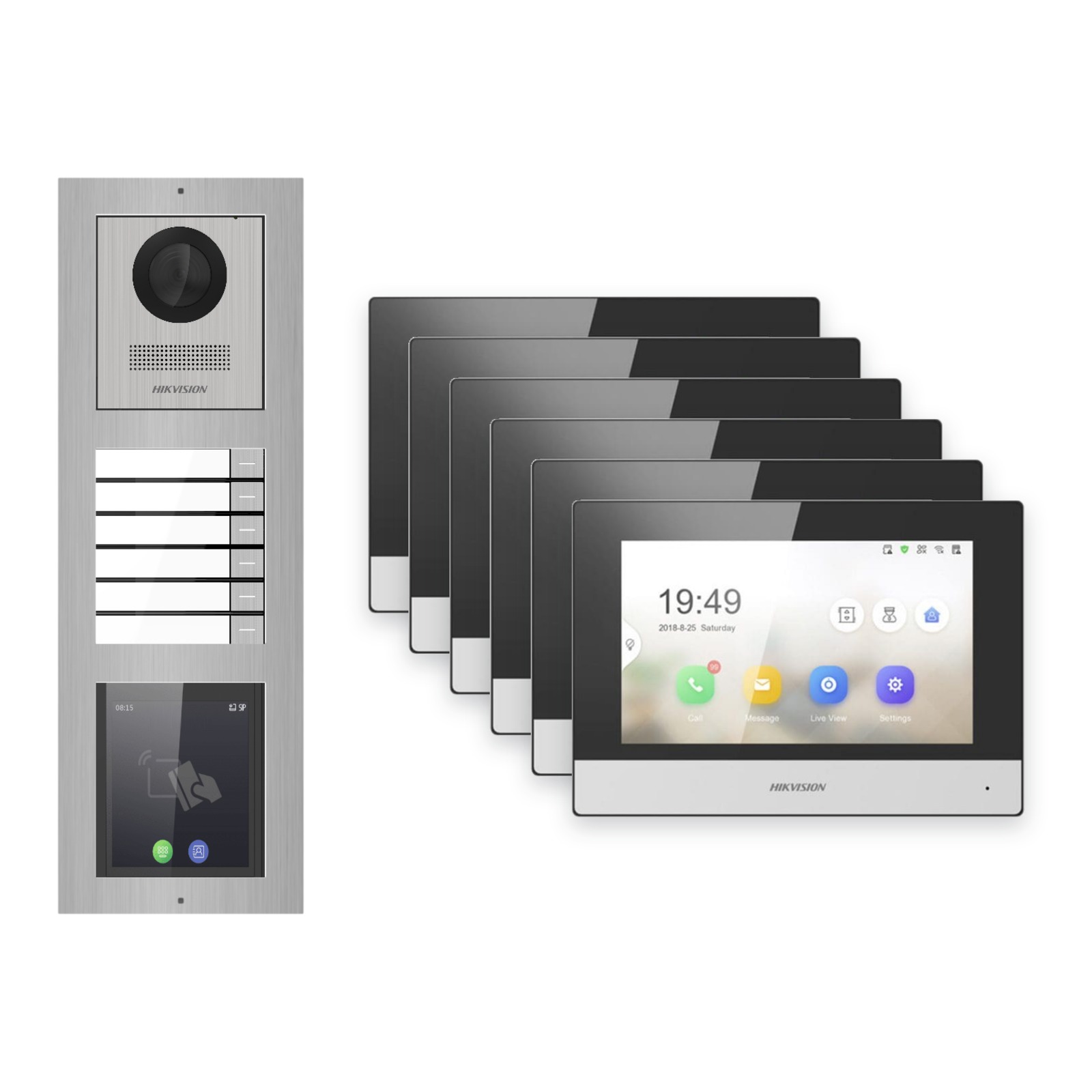 Hikvision 2-Draht-IP Video-Türsprechanlage 6-Familienhaus – Komplett-Set mit Touch-Display, Monitor schwarz – Türstation und Innenstation