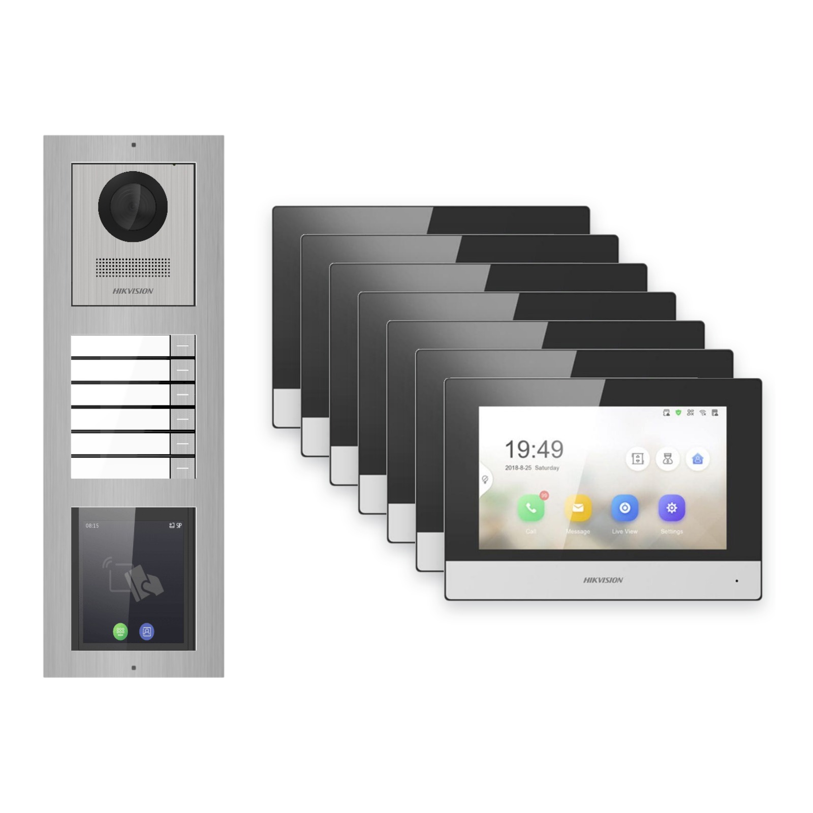 Hikvision 2-Draht-IP Video-Türsprechanlage 7-Familienhaus – Komplett-Set mit Touch-Display, Monitor schwarz – Türstation und Innenstation
