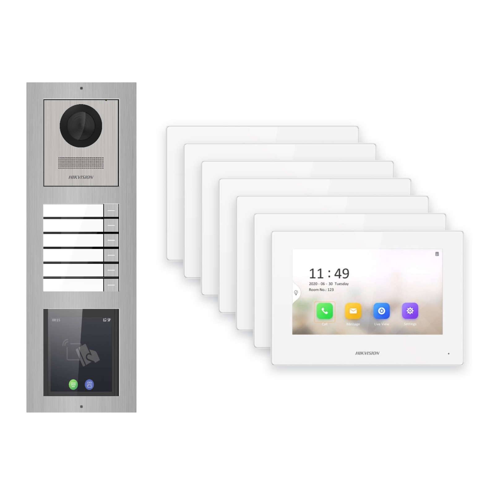 Hikvision 2-Draht-IP Video-Türsprechanlage 7-Familienhaus – Komplett-Set mit Touch-Display, Monitor weiss – Türstation und Innenstation