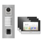 Hikvision 2-Draht-IP Video-Türsprechanlage 3-Familienhaus – Komplett-Set mit Fingerprint, Monitor schwarz, Unterputz – Türstation und Innenstation