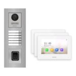 Hikvision 2-Draht-IP Video-Türsprechanlage 3-Familienhaus – Komplett-Set mit Fingerprint, Monitor weiss, Unterputz – Türstation und Innenstation