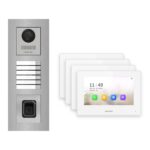 Hikvision 2-Draht-IP Video-Türsprechanlage 4-Familienhaus – Komplett-Set mit Fingerprint, Monitor weiss, Unterputz – Türstation und Innenstation