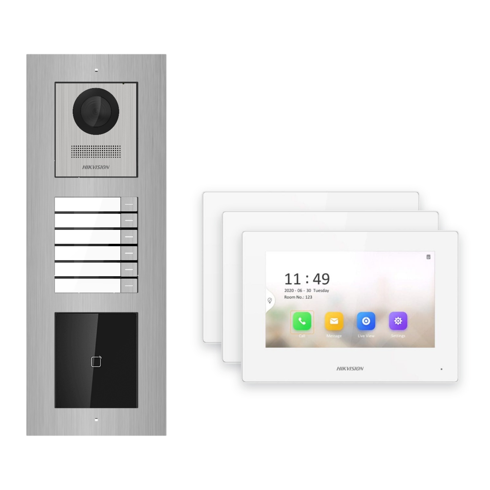 Hikvision 2-Draht-IP Video-Türsprechanlage 3-Familienhaus – Komplett-Set mit Kartenleser, Monitor weiss, Unterputz Hikvision 2-Draht-IP Video-Türsprechanlage 3-Familienhaus – Komplett-Set mit Kartenleser, Monitor weiss, Unterputz – Türstation und Innenstation