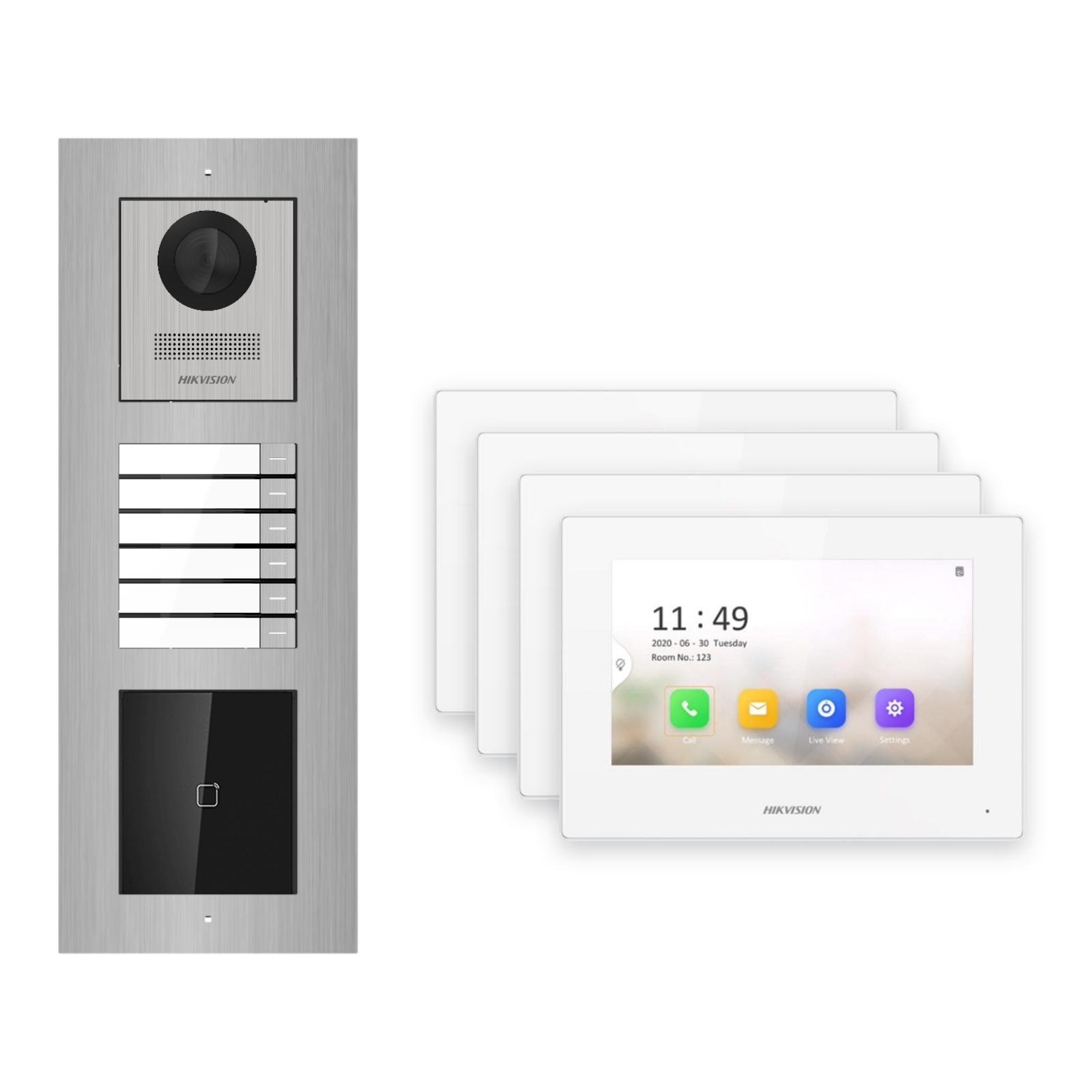 Hikvision 2-Draht-IP Video-Türsprechanlage 4-Familienhaus – Komplett-Set mit Kartenleser, Monitor weiss, Unterputz Hikvision 2-Draht-IP Video-Türsprechanlage 4-Familienhaus – Komplett-Set mit Kartenleser, Monitor weiss, Unterputz – Türstation und Innenstation