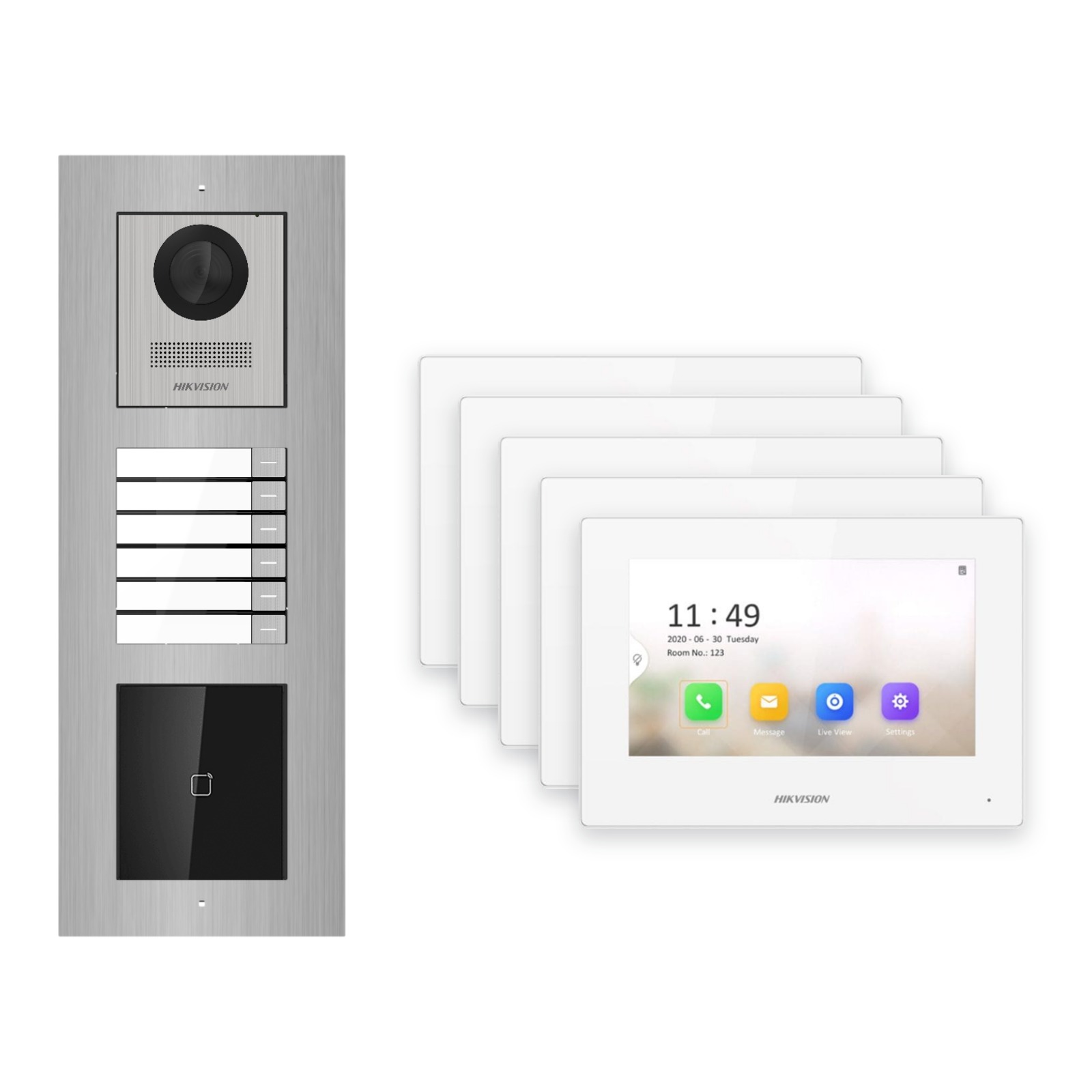 Hikvision 2-Draht-IP Video-Türsprechanlage 5-Familienhaus – Komplett-Set mit Kartenleser, Monitor weiss, Unterputz Hikvision 2-Draht-IP Video-Türsprechanlage 5-Familienhaus – Komplett-Set mit Kartenleser, Monitor weiss, Unterputz – Türstation und Innenstation