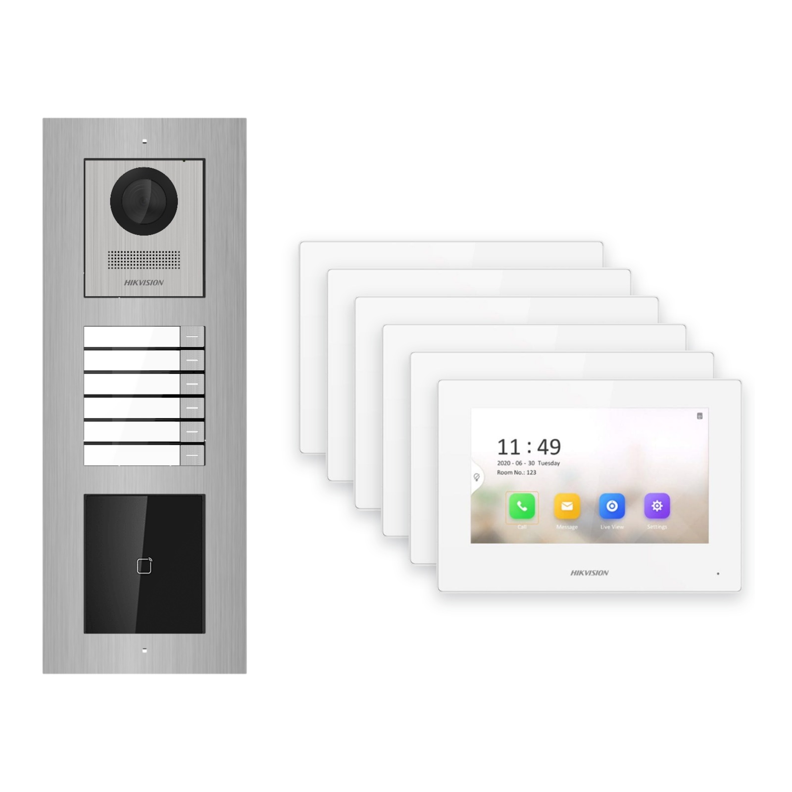 Hikvision 2-Draht-IP Video-Türsprechanlage 6-Familienhaus – Komplett-Set mit Kartenleser, Monitor weiss, Unterputz Hikvision 2-Draht-IP Video-Türsprechanlage 6-Familienhaus – Komplett-Set mit Kartenleser, Monitor weiss, Unterputz – Türstation und Innenstation