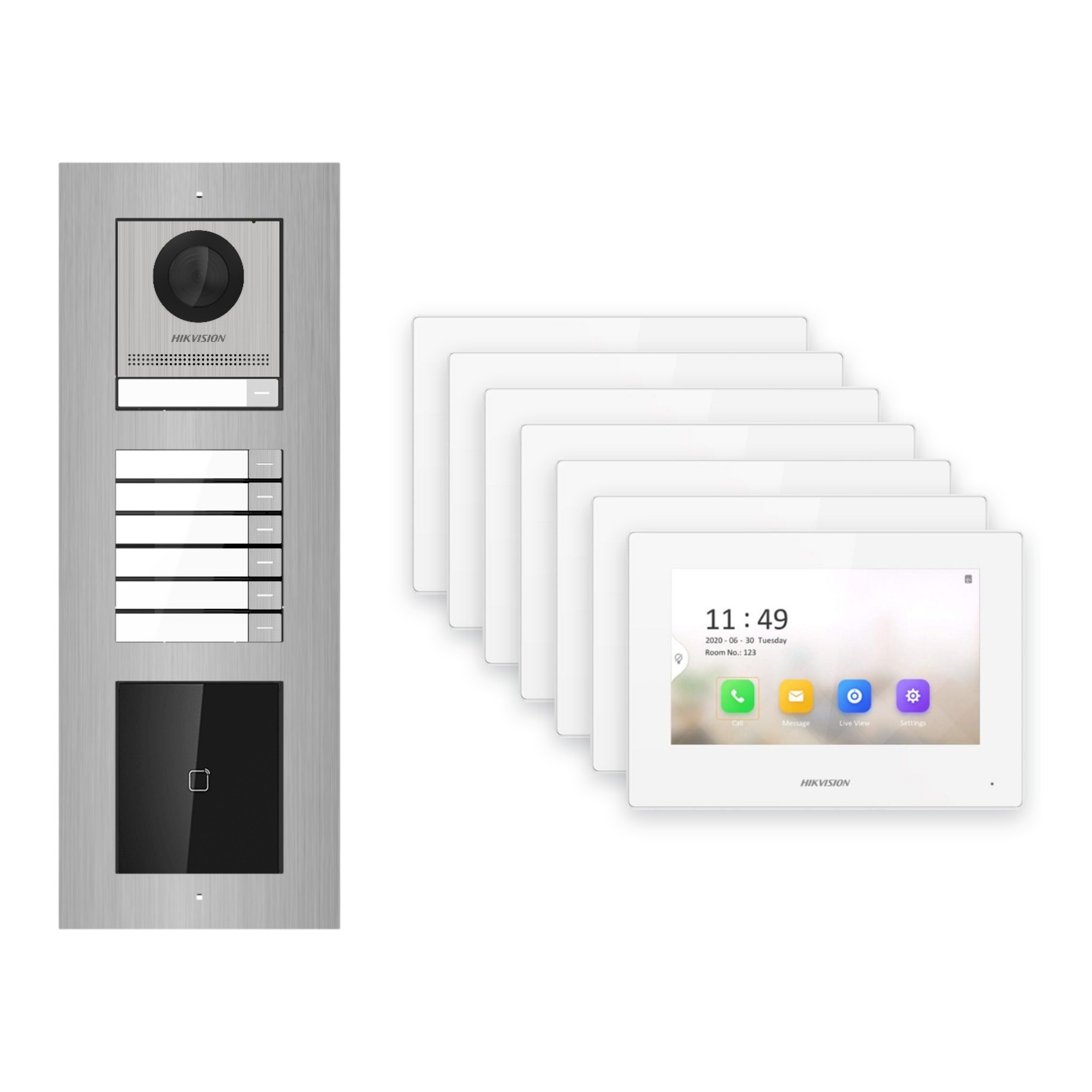Hikvision 2-Draht-IP Video-Türsprechanlage 7-Familienhaus – Komplett-Set mit Kartenleser, Monitor weiss, Unterputz Hikvision 2-Draht-IP Video-Türsprechanlage 7-Familienhaus – Komplett-Set mit Kartenleser, Monitor weiss, Unterputz – Türstation und Innenstation