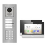 Hikvision 2-Draht-IP Video-Türsprechanlage 2-Familienhaus – Komplett-Set mit Zahlencode, Monitor schwarz, Unterputz – Türstation und Innenstation