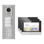 Hikvision 2-Draht-IP Video-Türsprechanlage 3-Familienhaus – Komplett-Set mit Zahlencode, Monitor schwarz, Unterputz – Türstation und Innenstation