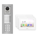 Hikvision 2-Draht-IP Video-Türsprechanlage 3-Familienhaus – Komplett-Set mit Zahlencode, Monitor weiss, Unterputz – Türstation und Innenstation