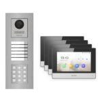 Hikvision 2-Draht-IP Video-Türsprechanlage 4-Familienhaus – Komplett-Set mit Zahlencode, Monitor schwarz, Unterputz – Türstation und Innenstation