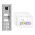 Hikvision 2-Draht-IP Video-Türsprechanlage 4-Familienhaus – Komplett-Set mit Zahlencode, Monitor weiss, Unterputz – Türstation und Innenstation