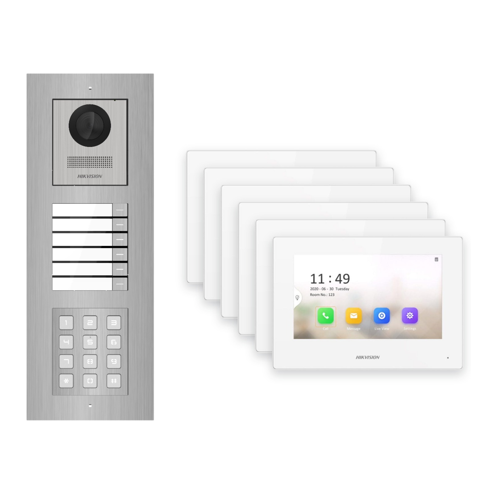 Hikvision 2-Draht-IP Video-Türsprechanlage 6-Familienhaus – Komplett-Set mit Zahlencode, Monitor weiss, Unterputz Hikvision 2-Draht-IP Video-Türsprechanlage 6-Familienhaus – Komplett-Set mit Zahlencode, Monitor weiss, Unterputz – Türstation und Innenstation