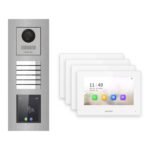 Hikvision 2-Draht-IP Video-Türsprechanlage 4-Familienhaus – Komplett-Set mit Touch-Display, Monitor weiss, Unterputz – Türstation und Innenstation