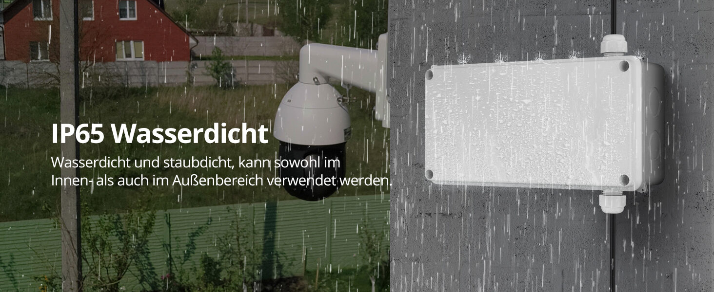 Abzweigdose IP65 im Regen an einer Betonwand, daneben eine Ueberwachungskamera auf einem Mast