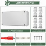 Lieferumfang: Aufputz-Anschlussdose, acht M20-Kabelverschraubungen, Lochsaege 20 mm, 12-polige Klemmleiste und vier rostfreie Schrauben
