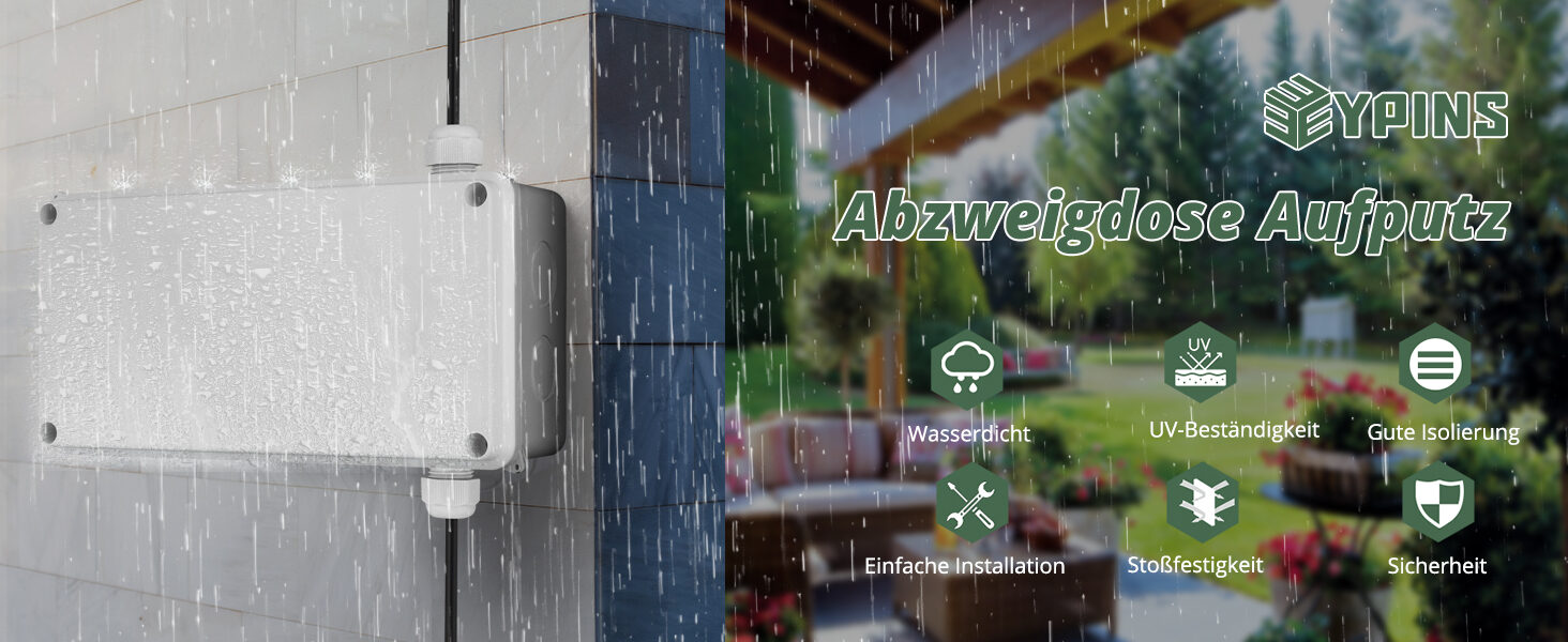 Aufputz-Abzweigdose im Regen an der Hauswand mit den Merkmalen wasserdicht, UV-Bestaendigkeit, gute Isolierung, einfache Installation, Stossfestigkeit und Sicherheit