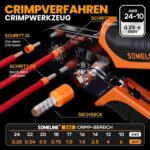 Darstellung des Crimpvorgangs in drei Schritten mit Tabelle des Crimpbereichs von 0,25 bis 6 Quadratmillimeter