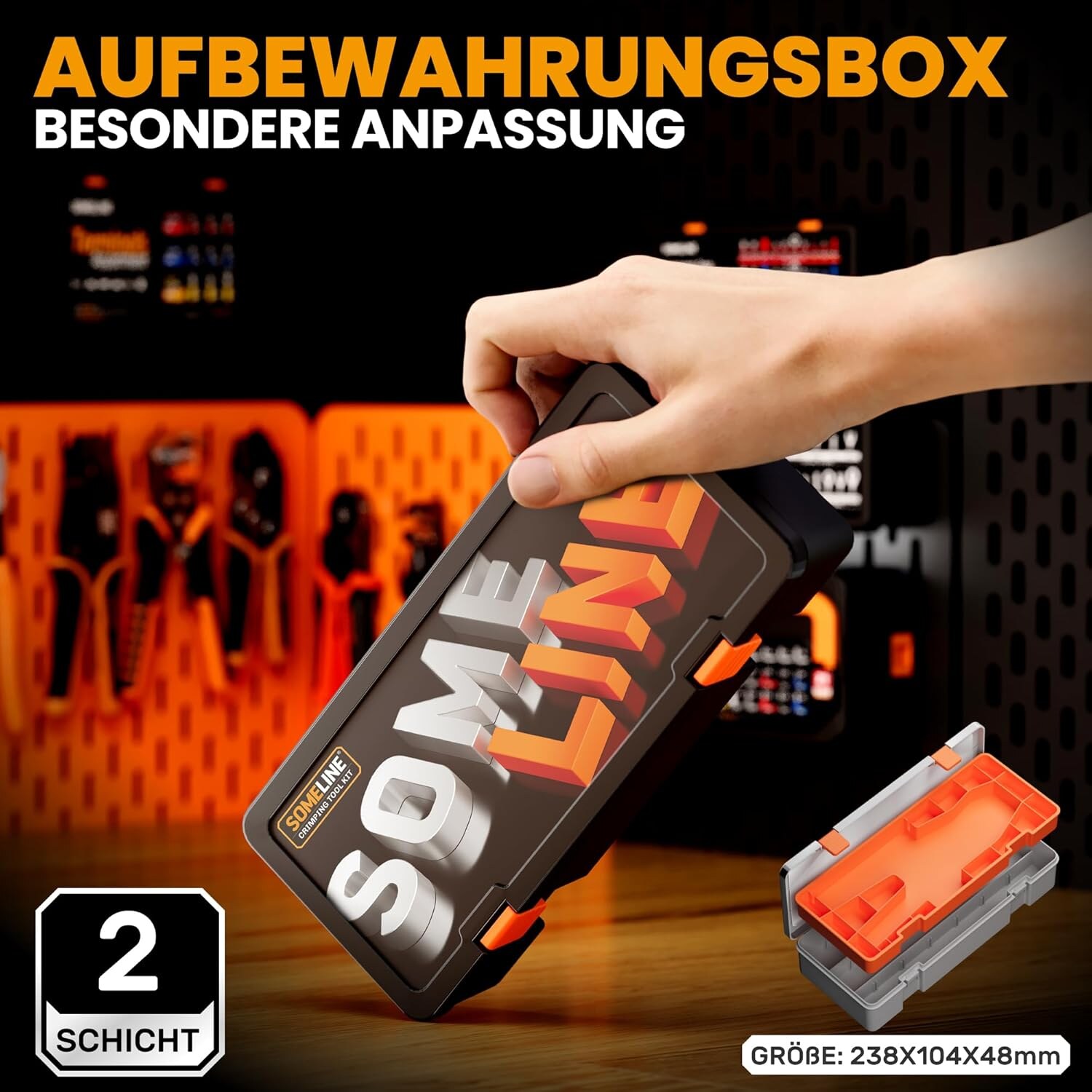 Zweilagige Aufbewahrungsbox mit den Massen 238 mal 104 mal 48 Millimeter