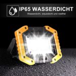 Baustrahler mit Wassertropfen auf dunklem Untergrund, Hinweis IP65 wasserdicht und staubdicht