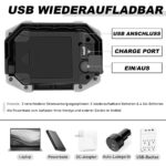 Rueckseite mit USB-Anschluss, Ladebuchse und Ein-Aus-Schalter, Hinweis auf zwei Stromversorgungsoptionen mit Akkus oder vier AA-Batterien