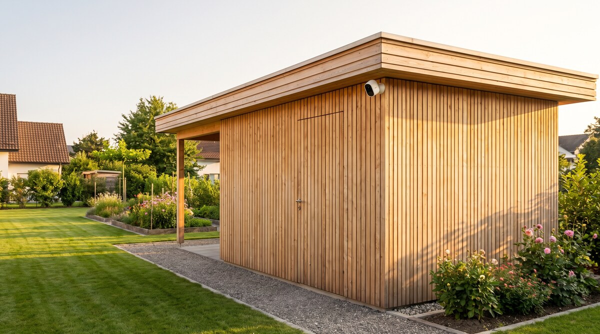 Kompakte Akku-Kamera an der Holzfassade eines Gartenhauses ohne sichtbare Kabel