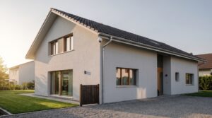 Weisse Akku-Ueberwachungskamera hoch unter dem Dachvorsprung eines modernen Wohnhauses mit Blick auf die Einfahrt