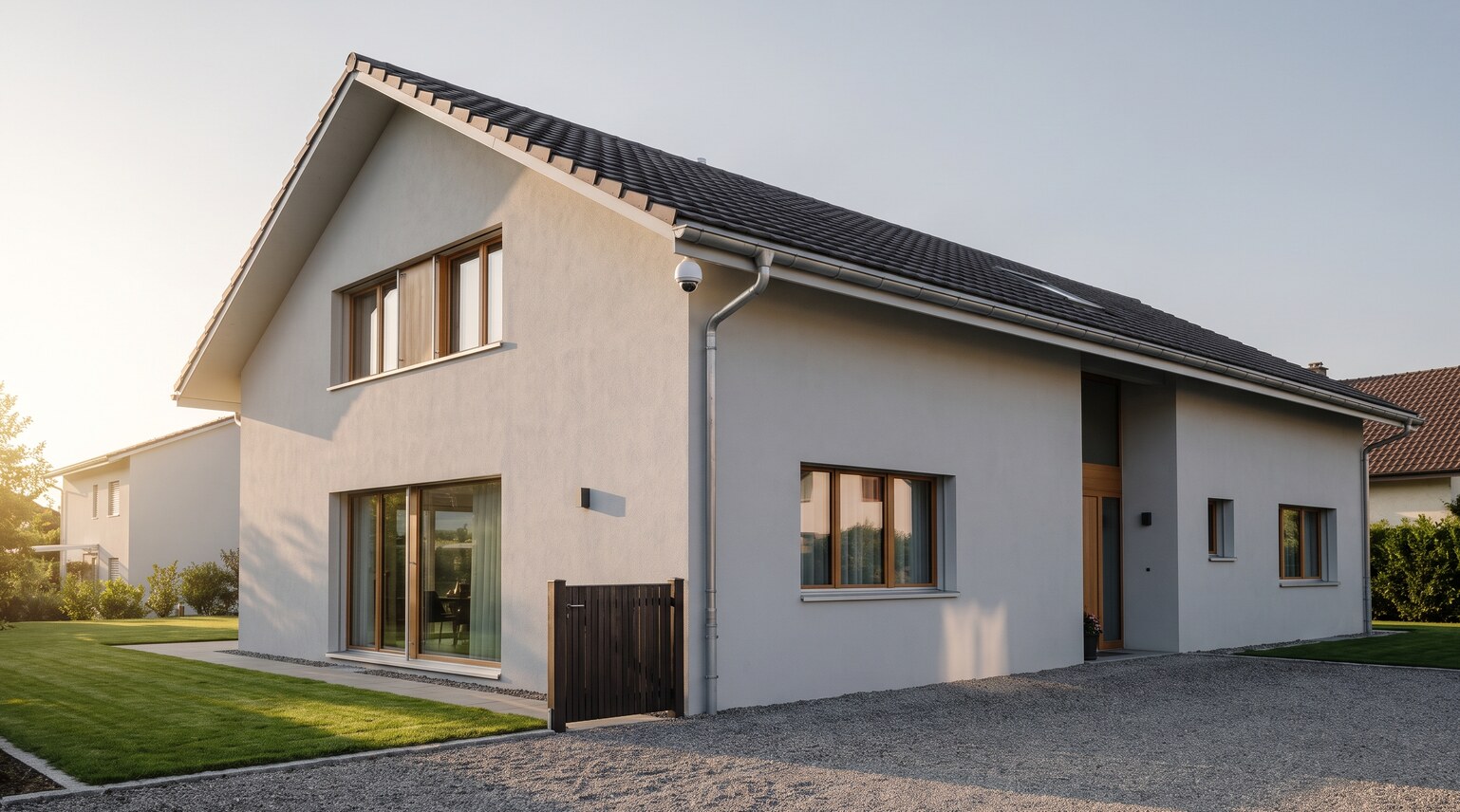Weisse Akku-Ueberwachungskamera hoch unter dem Dachvorsprung eines modernen Wohnhauses mit Blick auf die Einfahrt