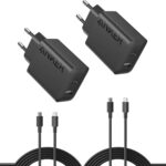 Zwei schwarze Anker-Netzteile mit USB-C- und USB-A-Anschluss sowie zwei USB-C-Kabeln
