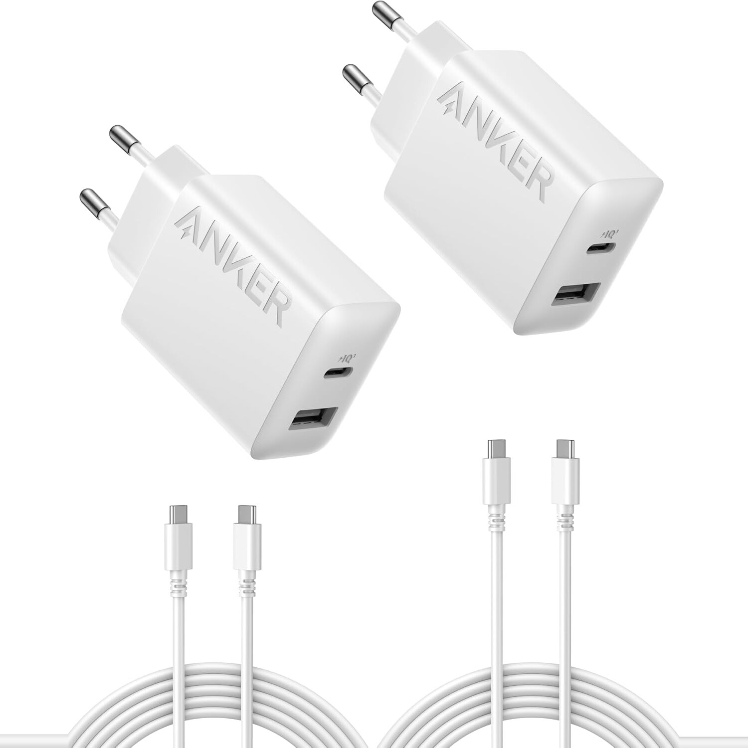 Anker 20 W USB-C-Netzteil Doppelpack weiss Zwei weisse Anker-Netzteile mit USB-C- und USB-A-Anschluss sowie zwei USB-C-Kabeln