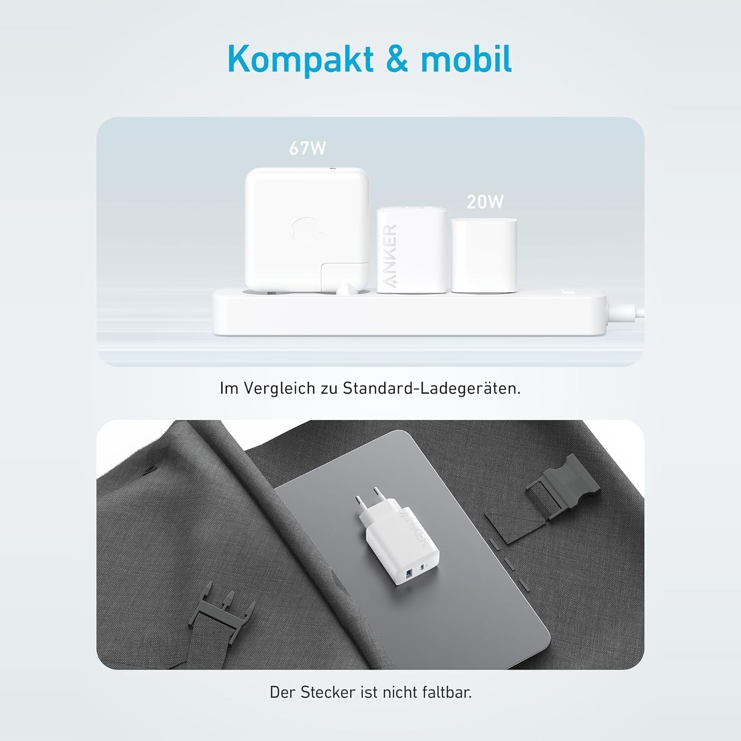 Groessenvergleich mit Standard-Ladegeraeten, Hinweis dass der Stecker nicht faltbar ist