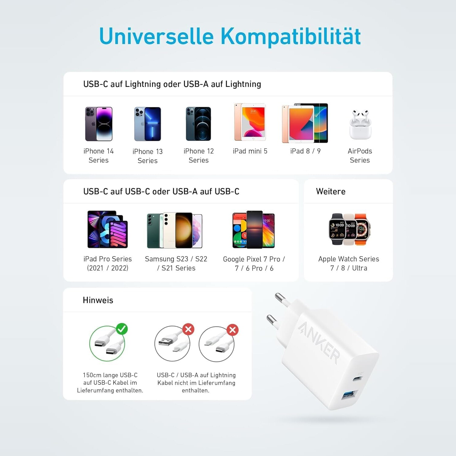 Uebersicht kompatibler Geraete von iPhone und iPad ueber Samsung Galaxy und Google Pixel bis zur Apple Watch