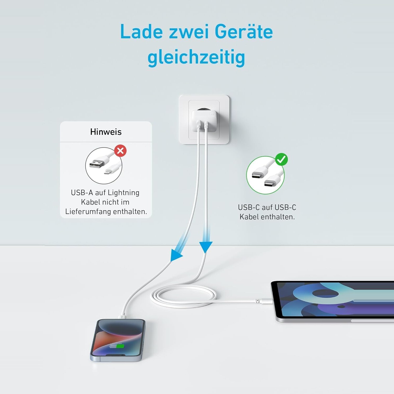 Netzteil laedt Smartphone und Tablet gleichzeitig, Hinweis dass ein Lightning-Kabel nicht im Lieferumfang ist