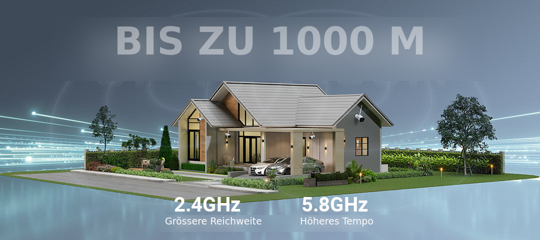 Funkabdeckung bis 1000 Meter, 2,4 GHz für grössere Reichweite, 5,8 GHz für höheres Tempo