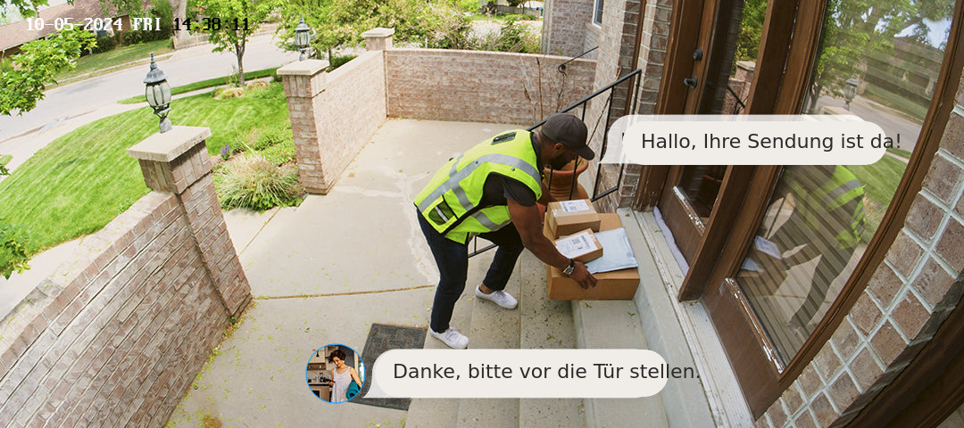 Paketbote an der Haustür, Gespräch über die Kamera