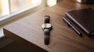 Herren-Armbanduhr mit Lederarmband auf einem Nussbaum-Schreibtisch neben Notizbuch und Stift