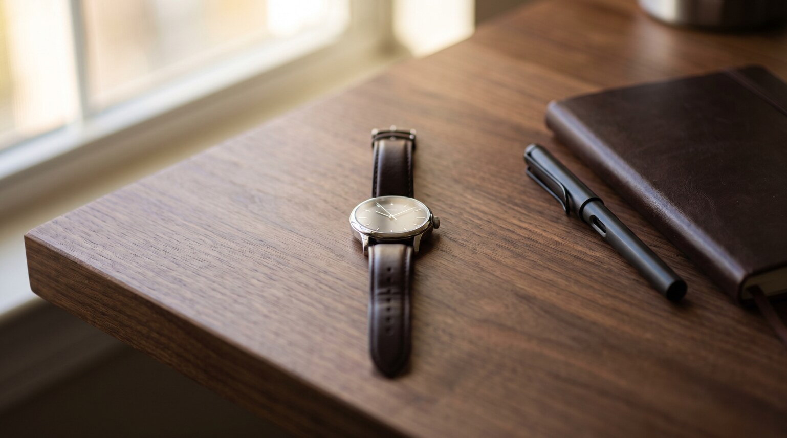 Herren-Armbanduhr mit Lederarmband auf einem Nussbaum-Schreibtisch neben Notizbuch und Stift