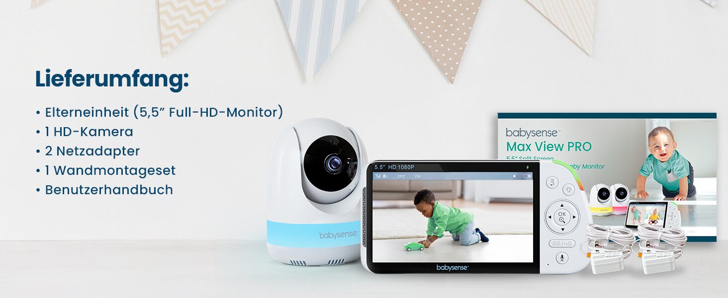Lieferumfang Babysense MaxView PRO: Elterneinheit, HD-Kamera, Netzadapter, Wandmontageset und Handbuch