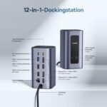 Anschlussuebersicht der macOS-Version: zwei Videoausgaenge als DisplayPort oder HDMI mit maximal 2K bei 60 Hz, USB-C 10 Gbit/s, USB-A 5 Gbit/s und 480 Mbit/s, PD-Eingang 100 W, Gigabit-Ethernet, Kabellaenge 800 mm