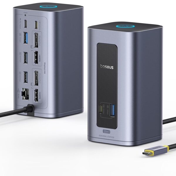 Baseus Nomos Air Mac Dockingstation von vorne und hinten, mit DisplayPort- und HDMI-Anschluessen