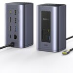Baseus Nomos Air Dockingstation in Aluminium-Grau von vorne und hinten, mit angeschlossenem USB-C-Kabel