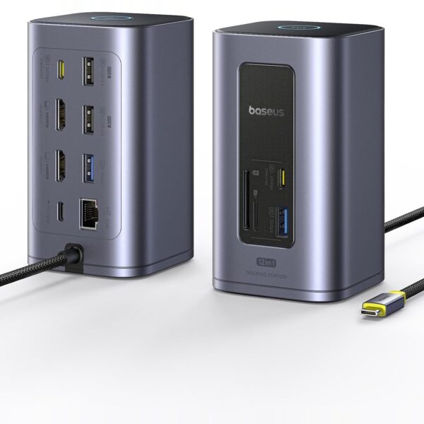 Baseus Nomos Air Dockingstation in Aluminium-Grau von vorne und hinten, mit angeschlossenem USB-C-Kabel