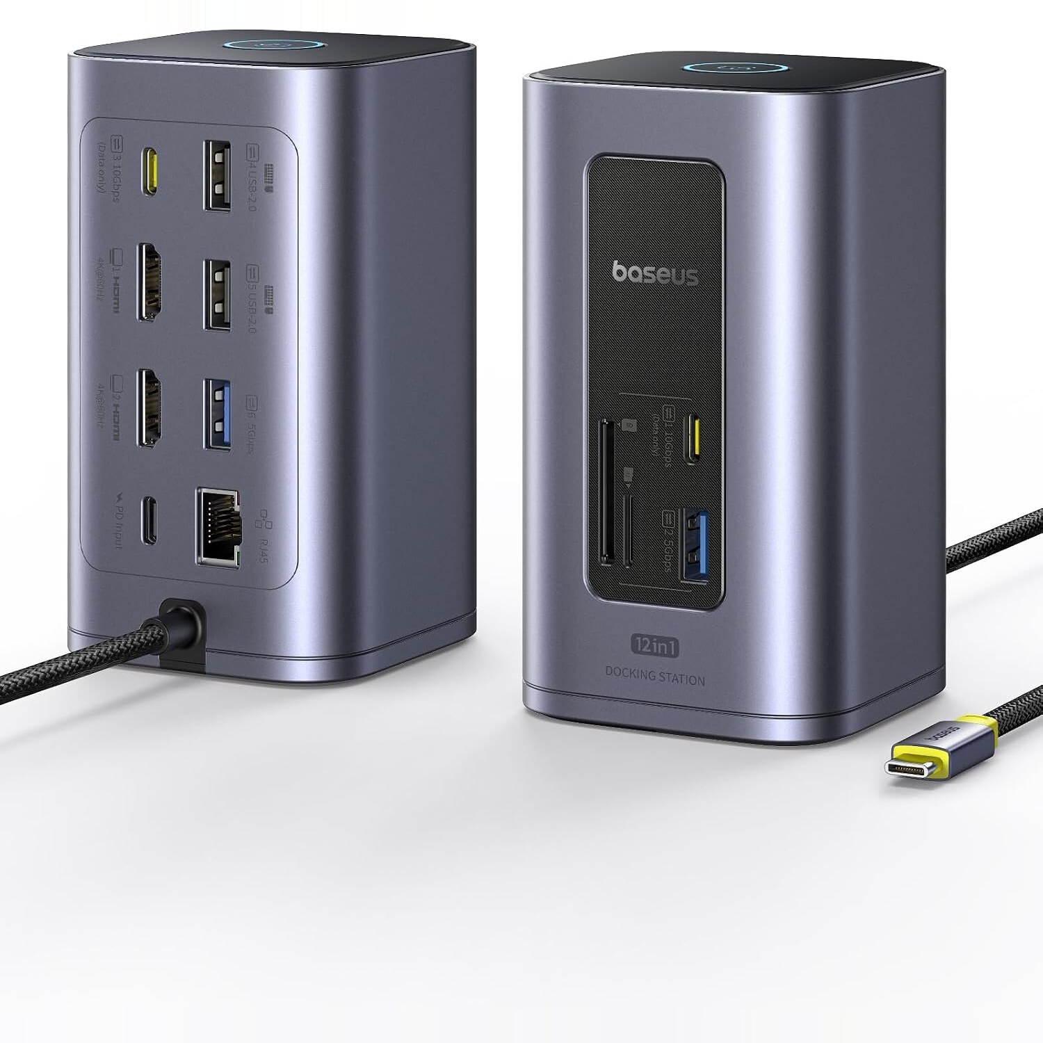 Baseus Nomos Air Dockingstation in Aluminium-Grau von vorne und hinten, mit angeschlossenem USB-C-Kabel